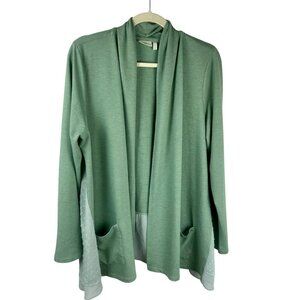 Logo Lori Goldstein Lounge Open Cardigan Women Large Green Long Sleeve Pocket